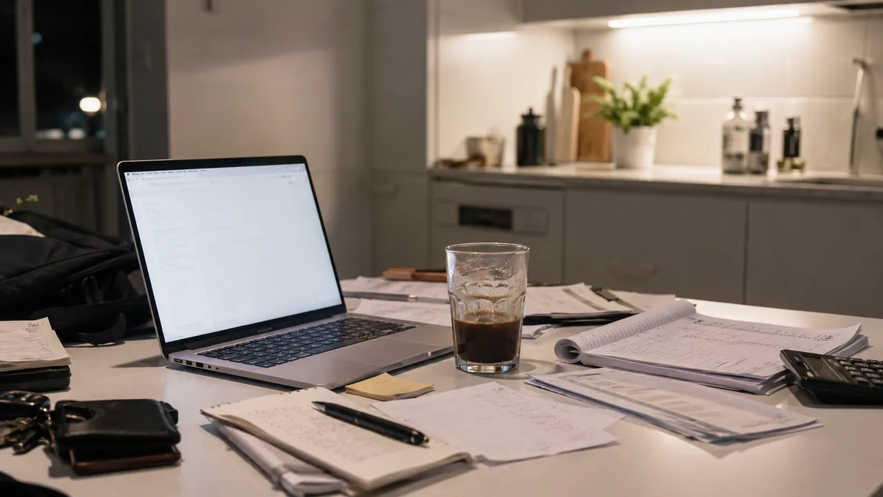 A laptop open at the kitchen table late at night
