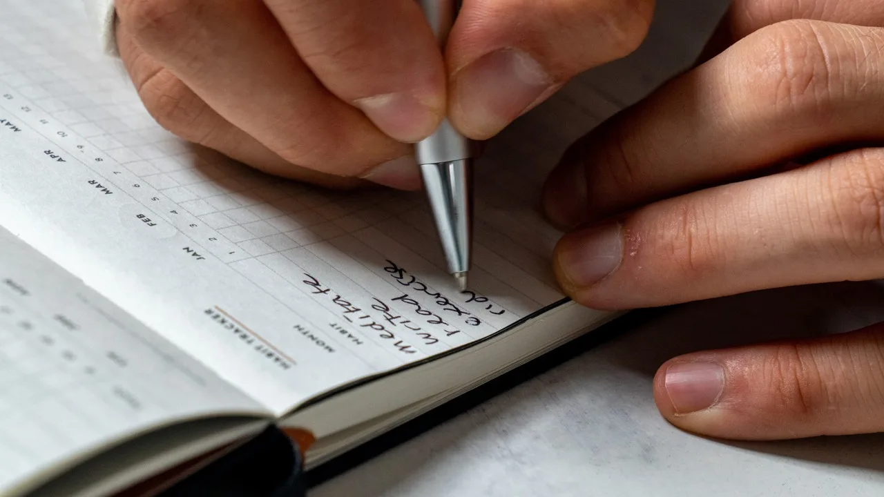 Dr Yannick van Hierden filling in a habit tracker in his notebook